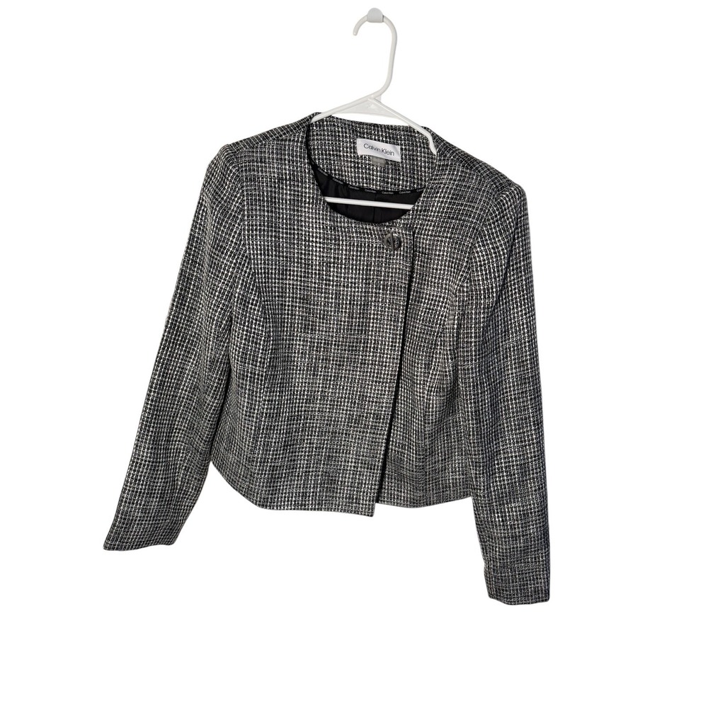 Calvin Klein NWT Cropped Blazer Size 8 Black &‎ White Houndstooth Jacket Chic